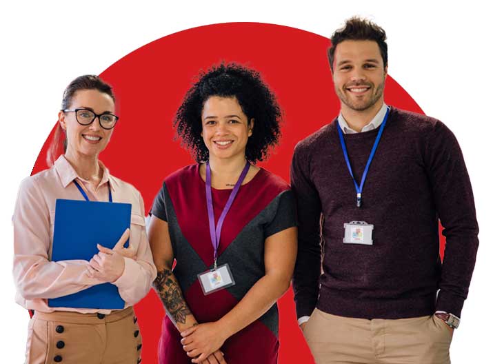 Three smiling professionals wearing name badges, standing in front of a red circle background, representing job opportunities at ABC.