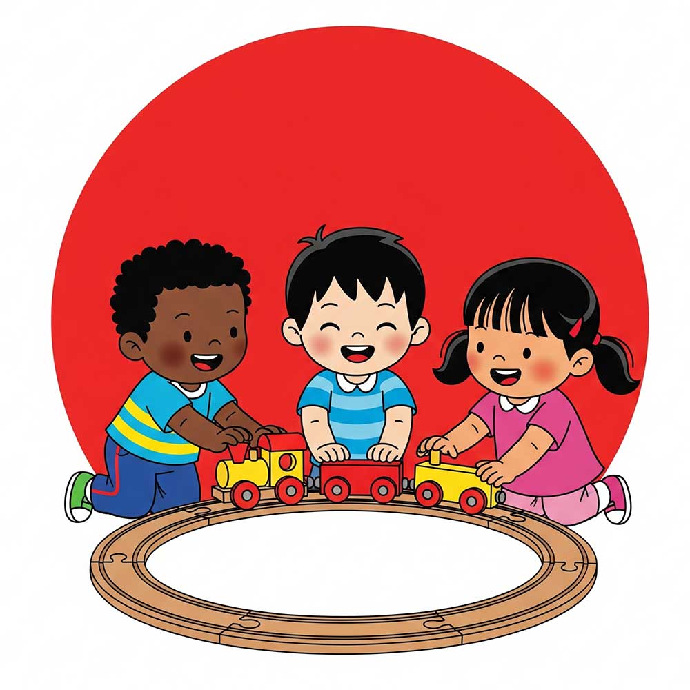 Illustration of three smiling children—one Black, one Asian, and one with pigtails—playing together with a toy train on a circular wooden track, set against a bold red background. The image conveys joyful peer interaction in a structured, center-based therapy setting.