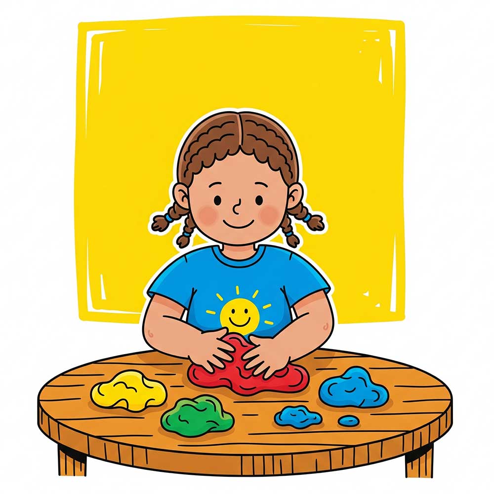 Illustration of a young girl with braids sitting at a wooden table, smiling and playing with colorful therapy dough. She wears a blue shirt with a cheerful yellow sun design. The background features a warm yellow rectangle, emphasizing a calm and comfortable home-based therapy setting.