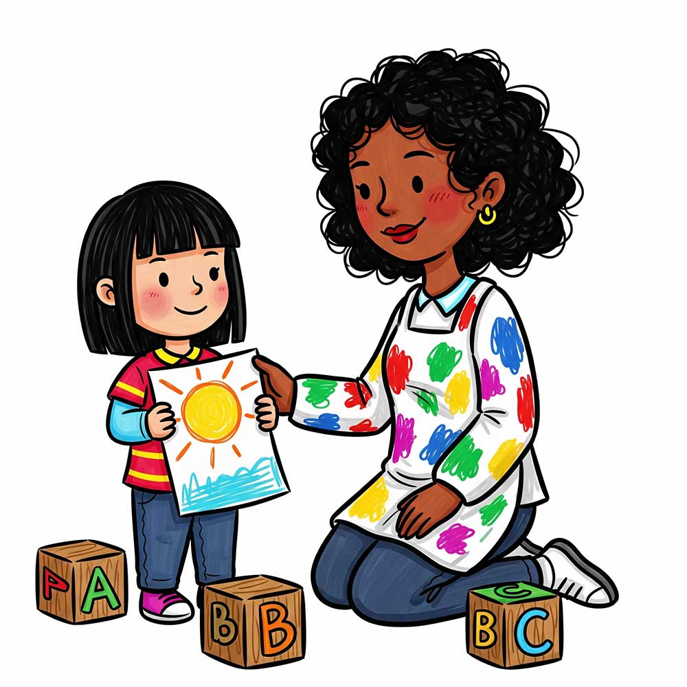 Illustration of a young girl showing a colorful drawing of the sun and sky to a smiling therapist wearing a shirt with rainbow handprints, surrounded by alphabet blocks labeled A, B, and C—symbolizing the beginning of a supportive and creative learning journey.