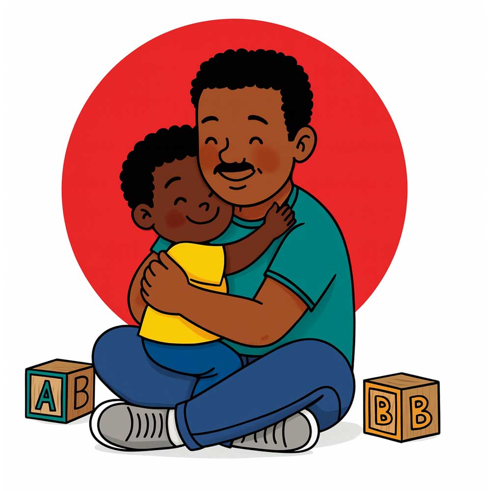 Illustration of a father lovingly hugging his young child while sitting on the floor, surrounded by alphabet blocks. The image represents parent training through nurturing and supportive interaction.