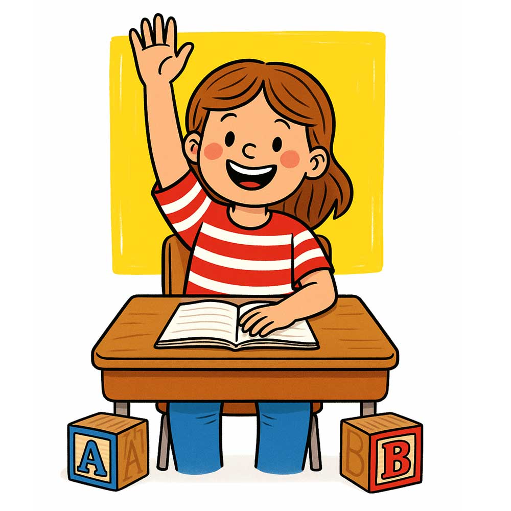 Illustration of a cheerful young girl raising her hand while sitting at a desk with an open book, symbolizing community and in-school support for learning and engagement.