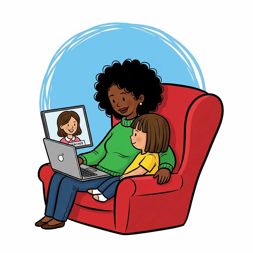 Illustration of a mother and daughter sitting on a red armchair, participating in a virtual therapy session. The mother is using a laptop showing a smiling teacher on the screen, while the daughter sits on her lap, suggesting a telehealth ABA session in a supportive home environment.