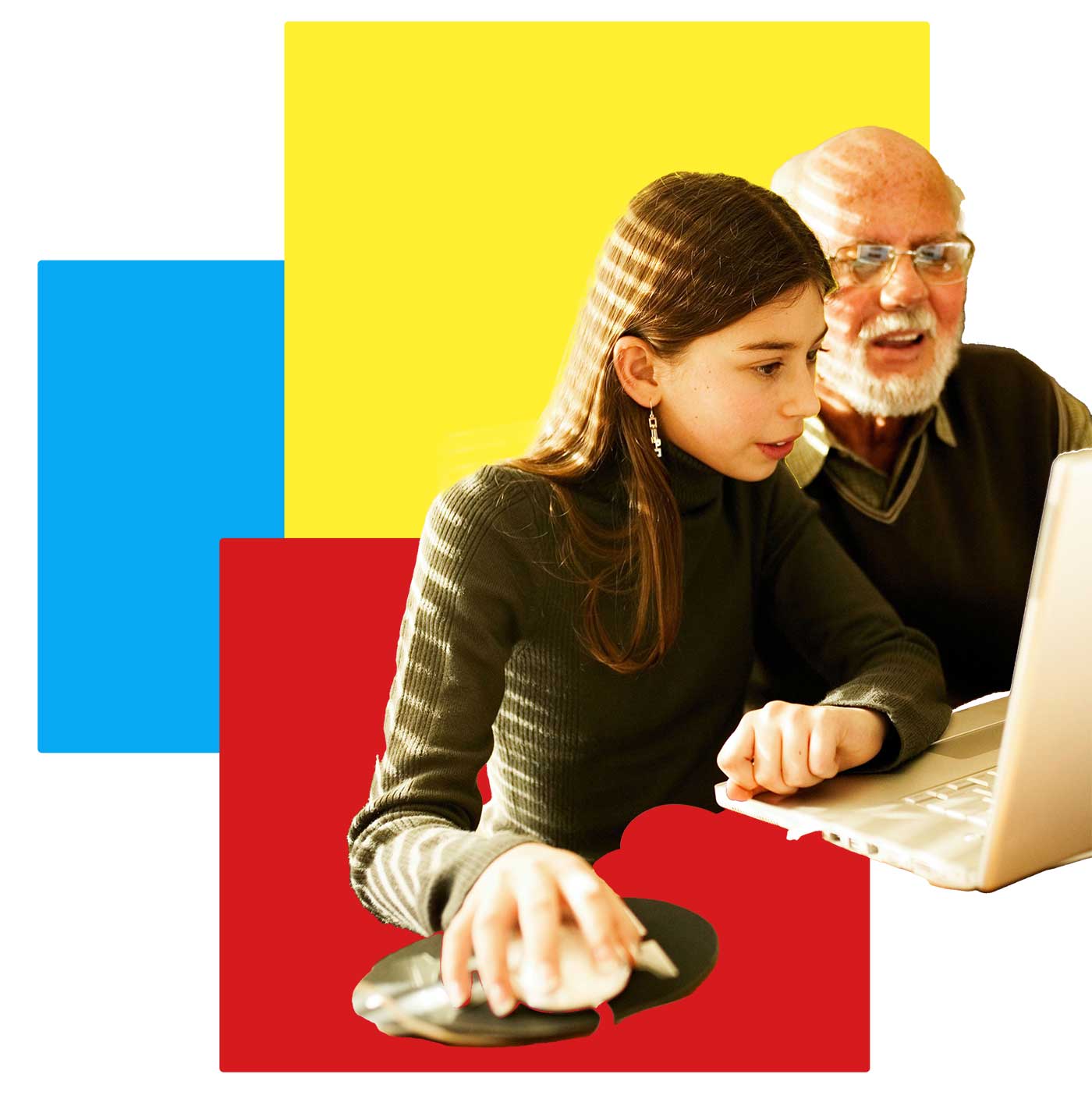 Young girl learning on a laptop with guidance from an older man, illustrating support across generations for remote education options.